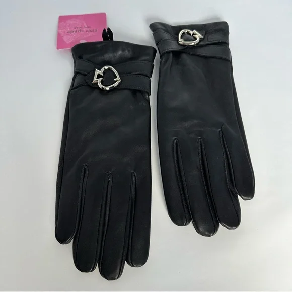 Kate Spade NY Black Lamb Leather Gloves Silver Logo Buckle Sz L - Picture 2 of 8